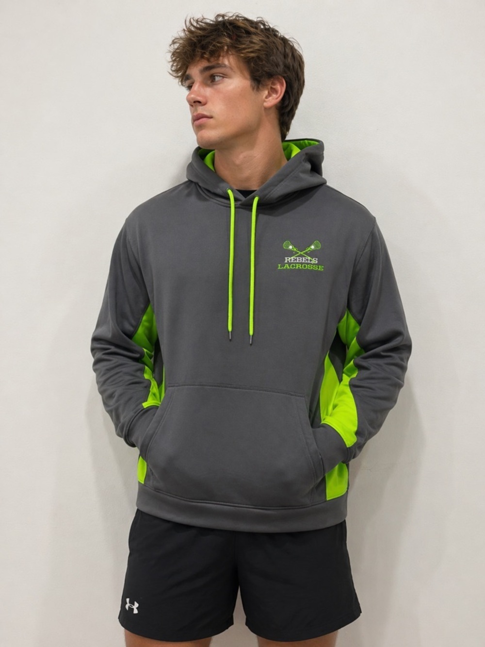 Sport-Tek Rebels Lacrosse Hoodie Gray Neon Green Athletic Pullover Size L